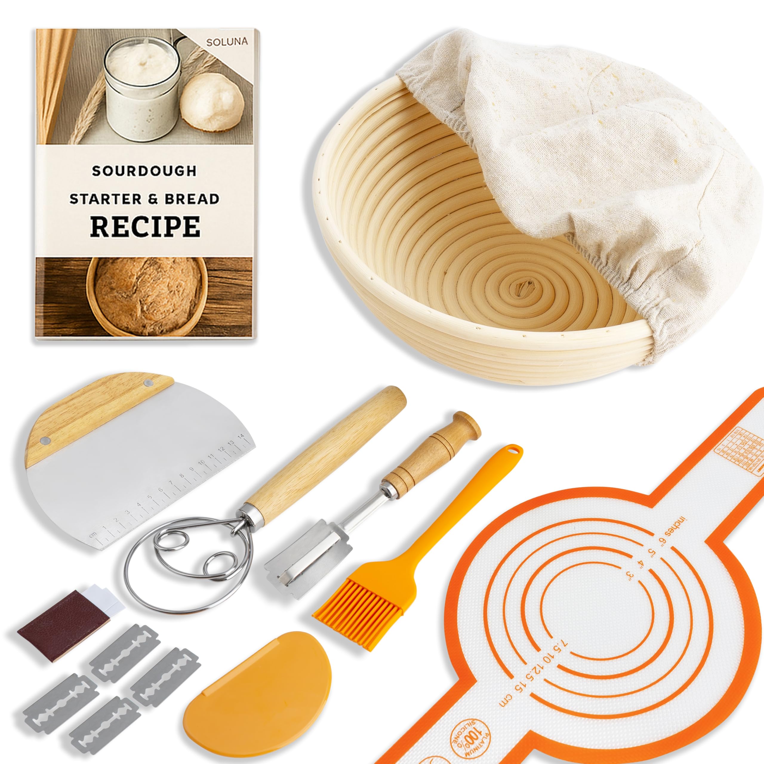 SoLuna. Sourdough Starter Kit for Bread Making with Banneton Proofing Basket 9" Round - Sourdough Starter Supplies Kits - Bread Baking Accessories (Orange, 9pcs)