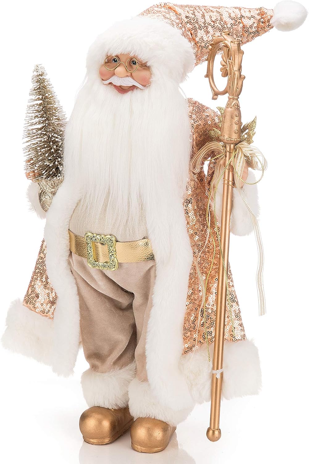 iPEGTOP 18 inch Santa Claus Figure Figurine Gold Christmas Standing Father Doll Indoor Christmas Decor with Gift Bag Bear Holiday Decoration