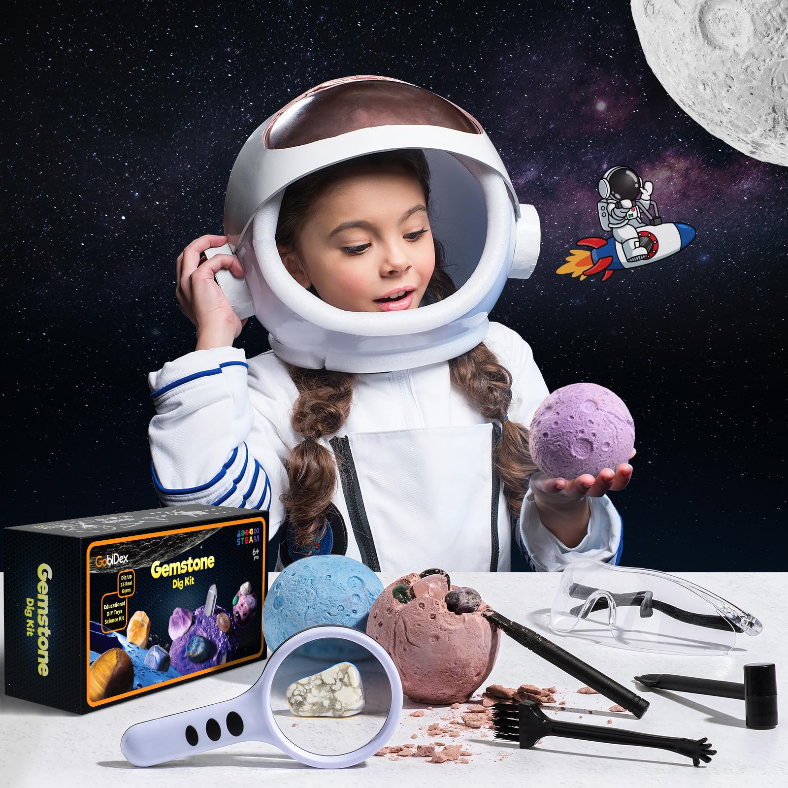 GobiDex Ausgrabungsset für Kinder, Natürliche Edelsteine und Kristalle, Mineralien Steine für Kinder ab 6 7 8 9 10, Mond Schatzsuche Spielzeug, Sonnensystem, Planeten Geschenk für Jungen und Mädchen 2