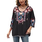 Grosy Boho Embroidered Mexican Tops for Women Bohemian Clothes, Plus Size Peasant Blouse Hippie Shirt 3/4 Sleeve Tunic