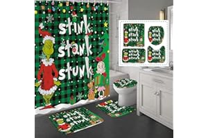 LIN&BABAY 4Pcs Christmas Shower Curtain Set, Christmas Bathroom Sets with Non-Slip Rugs, Toilet Lid Cover and Bath Mat, Christmas Holiday Bathroom Decor with Hooks 71'' x 71'' (Green)