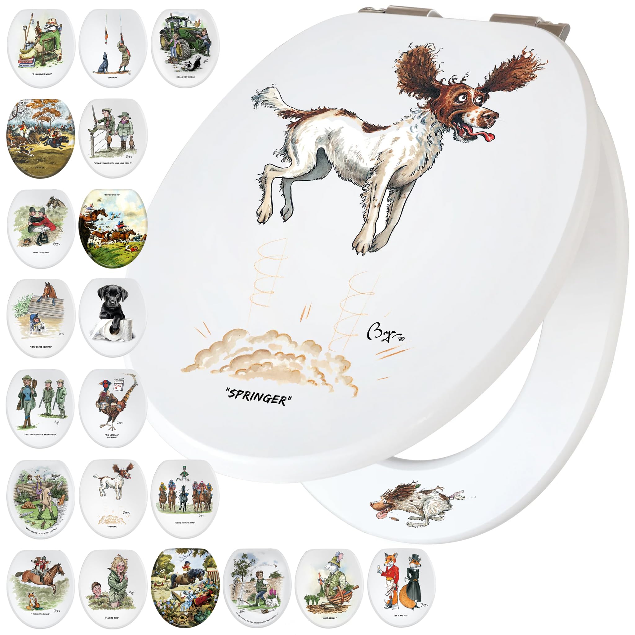 Fun Novelty Toilet Seat Soft Close, Easy Fit, Printed On 3 Surfaces with Bryn Parry Humorous Springer Spaniel Art. A Delightful Country Home Decor Gift Idea for Springer Spaniel & Gun Dog Owners. โ image 1