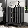 Fluted Nightstand, 24" Wide Side Table with 3 Large Storage Drawers, Mid Century Modern Wood Night Stand with Metal Handle, Wooden Bedside End Table for Bedroom, Living Room, Closet, Black