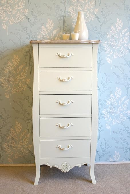 Cream Painted 5 Drawer Devon Tallboy In French Vintage Shabby Chic