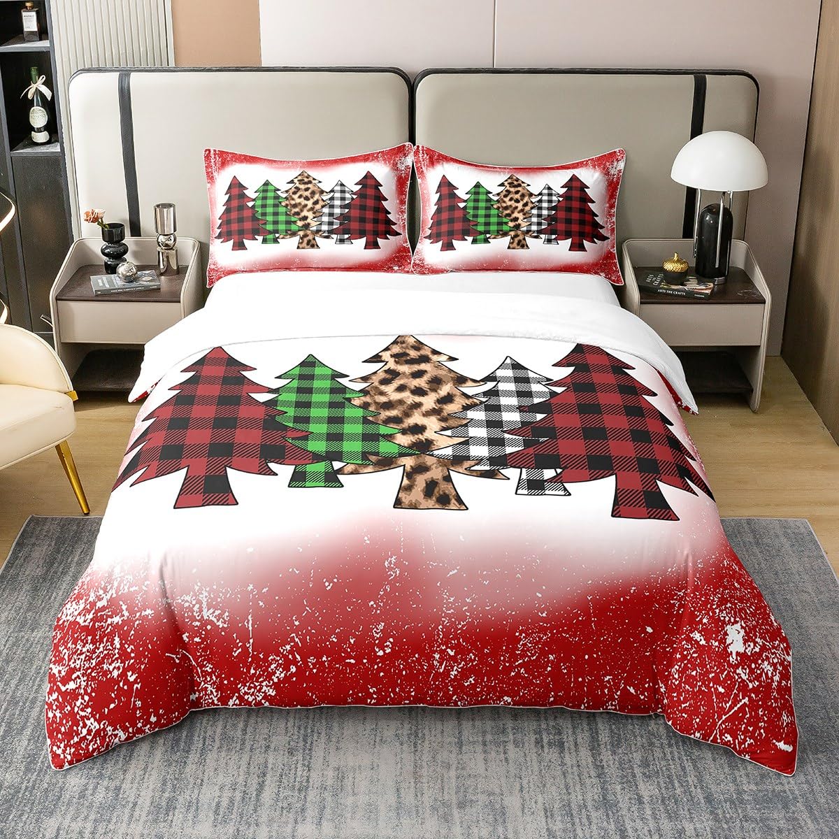 Homewish 100% Natural Cotton Xmas Duvet Cover Christmas Bedding Set Double Leopard Print Xmas Tree Comforter Cover Buffalo Plaid Red Grunge Tie Dye Bed Sets with 2 Pillowcases Soft