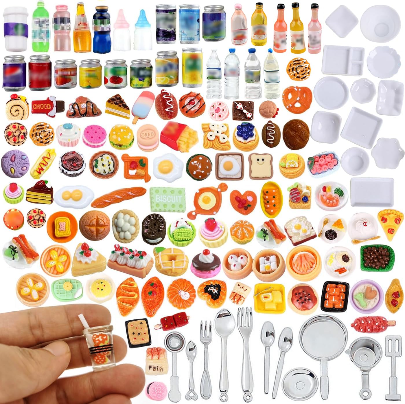 Photo 1 of 150Pieces Miniature Food Drink Bottles Soda Pop Cans Pretend Play Kitchen Game Party Accessories Toy Hamburger Cake Ice Cream Tableware for 1/12 Doll House