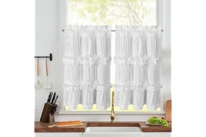 HIG 2 Pack White Ruffle Kitchen Curtains – Handcrafted Bow Tie Blackout Tier Curtains for Kitchen, Cabinet, Basement, Camper,