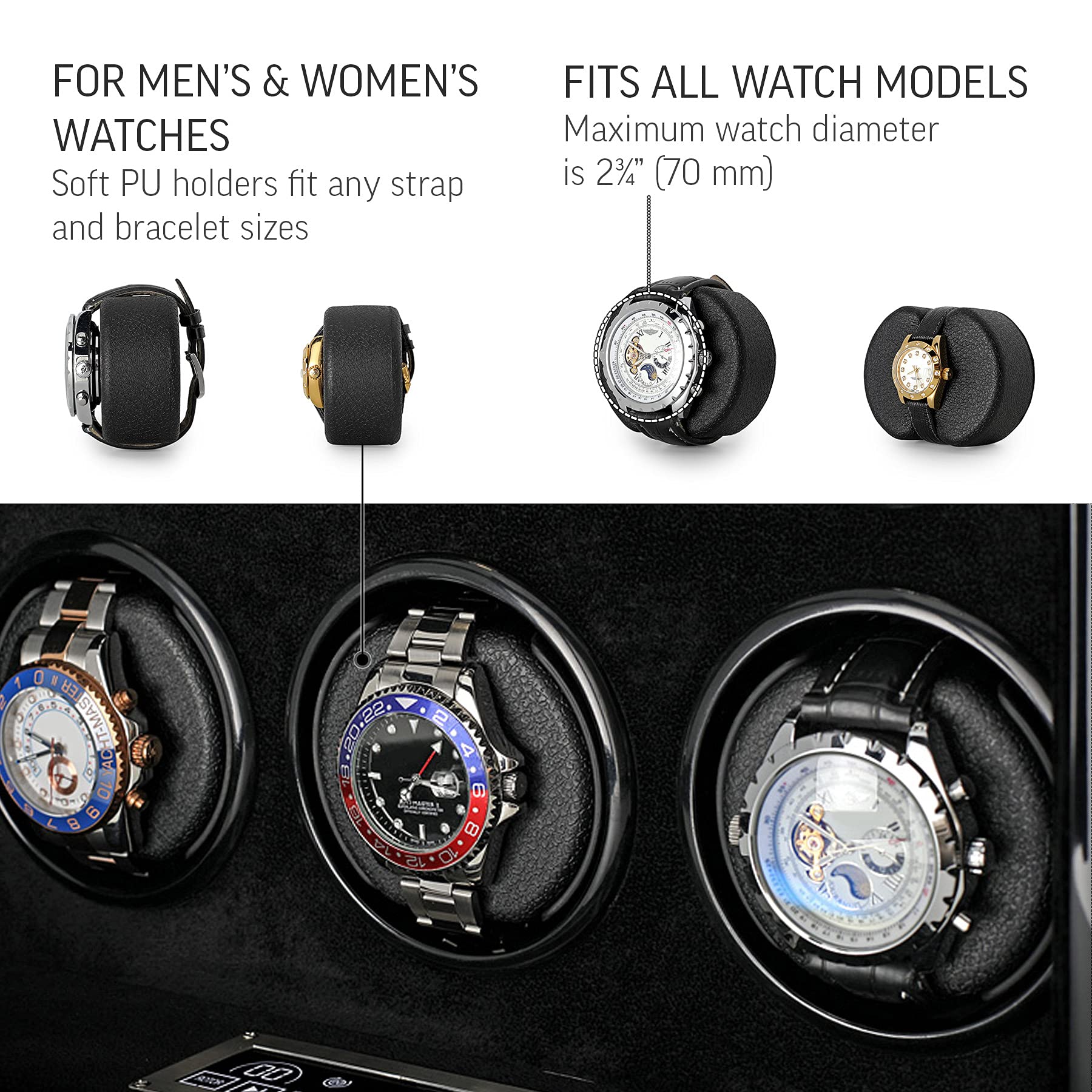 Watch Winder for 6 Watches with Customisable Winding Mode and LED Backlight (Black)