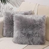 linmopm Excluding Insert Faux Fur Sheepskin Pillow Cover White Shag Fuzzy 20x20 Inch Grey 2 Pcs Super Soft Fluffy Cushion Plush Pillow Case Luxury Living Room Sofa Bed Home Decor Chair Cushion