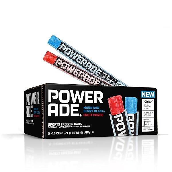 POWERADE SPORTS FREEZER BARS, 1.5 OZ, REFRESHING ICE POPS WITH ELECTROLYTES B VITAMINS, NATURALLY FLAVORED WITH OTHER NATURAL FLAVORS, MOUNTAIN BERRY BLAST AND FRUIT PUNCH, 70 COUNT