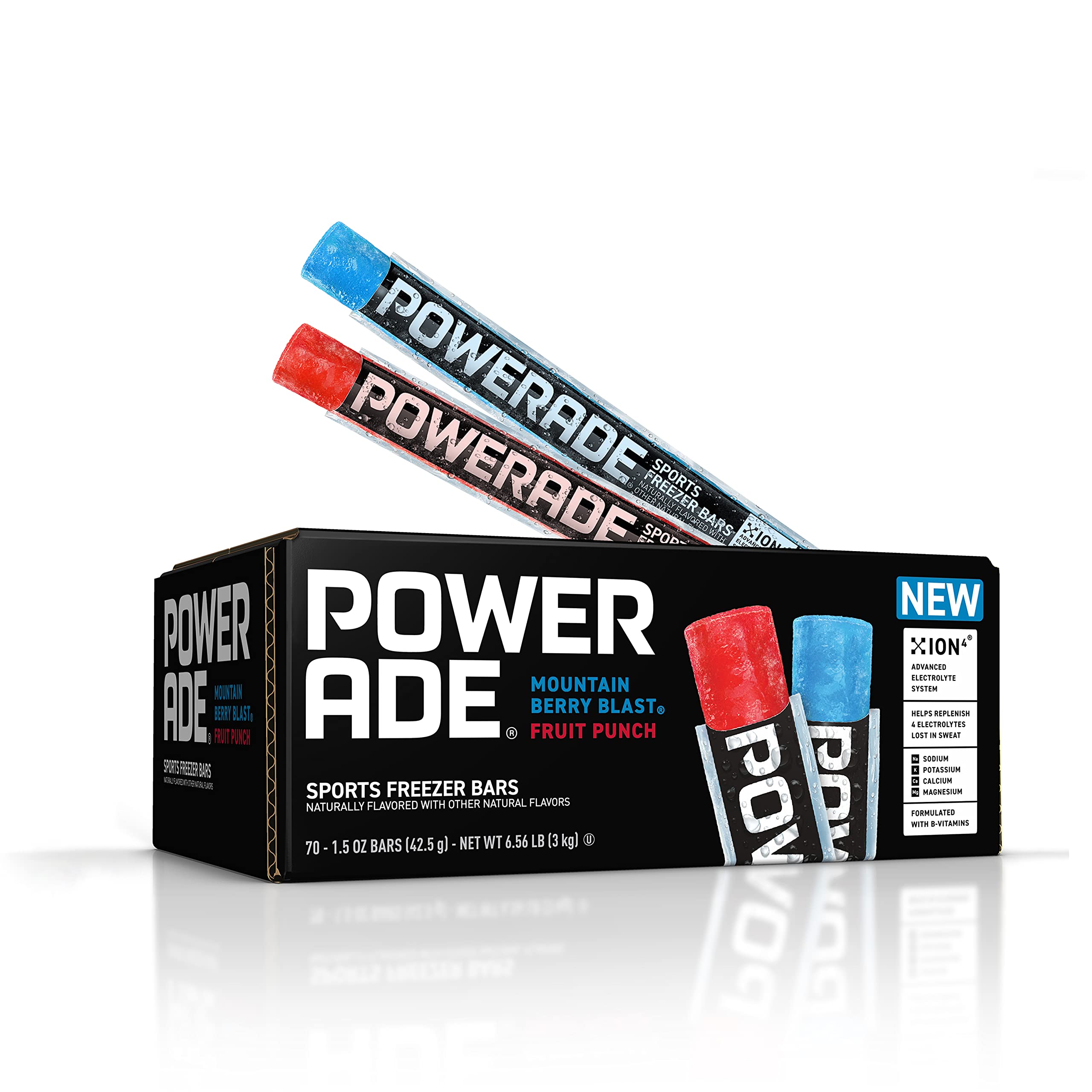 Photo 1 of POWERADE Sports Freezer Bars, 1.5 oz, Refreshing Ice Pops with Electrolytes B Vitamins, Naturally Flavored with Other Natural Flavors, Mountain Berry Blast and Fruit Punch, 70 Count
