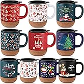 Vesici 10 Set 12 oz Christmas Ceramic Coffee Mugs with Cork Bottom Spill Proof Lid Handle Santa Gingerbread Man Aesthetic Neutral Cups for Christmas Gifts Vintage Decor