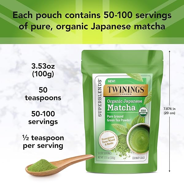 TWININGS ORGANIC JAPANESE MATCHA, PURE GROUND GREEN TEA POWDER CULINARY GRADE, 3.53 OUNCE/100G BAG, ENJOY HOT OR ICED