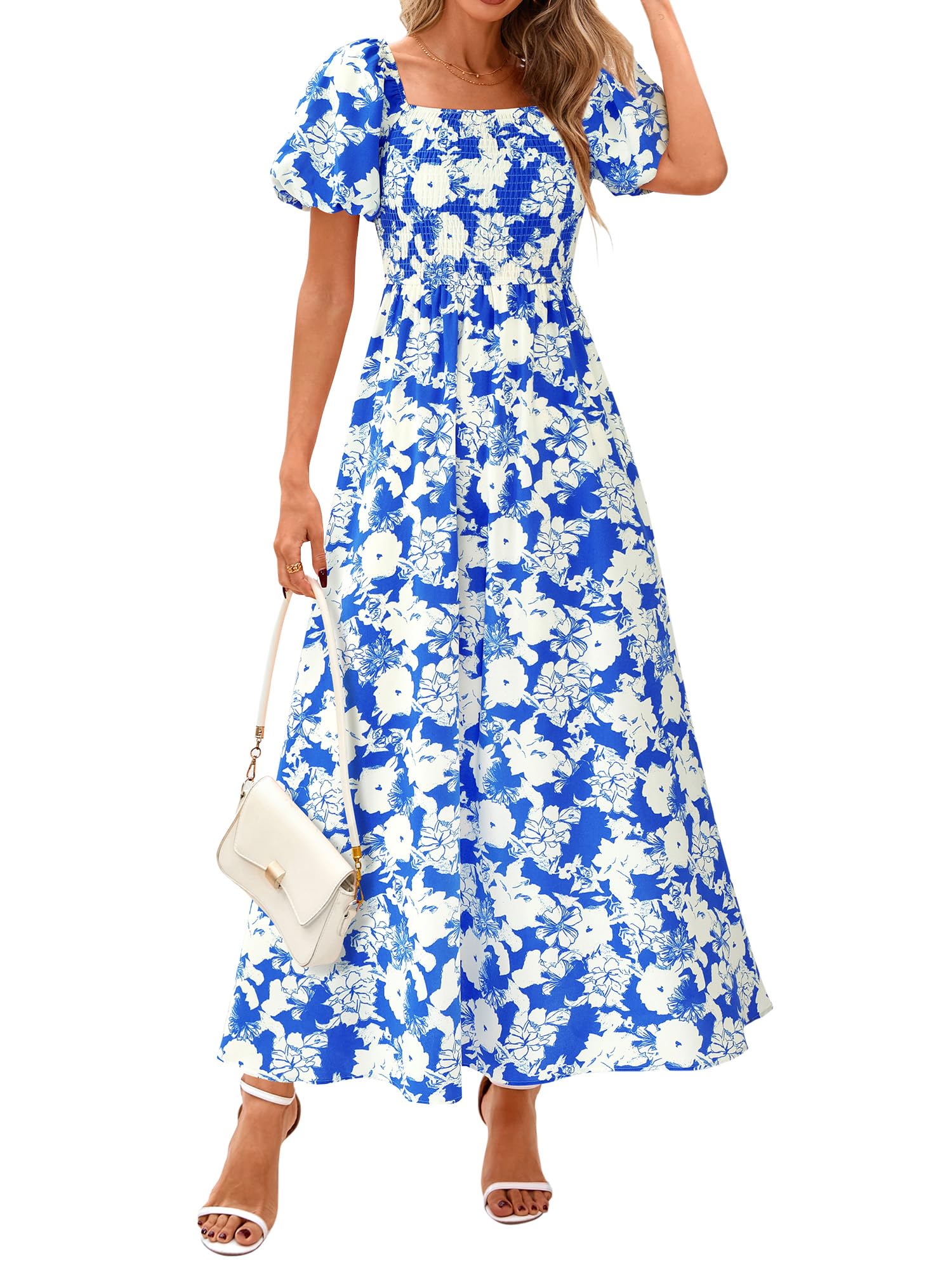 Photo 1 of BTFBM Womens Summer 2025 Casual Maxi Dresses Short Sleeve Smocked Tiered Floral Boho Long Beach Dress with Pockets(Floral Blue White,X-Large)
