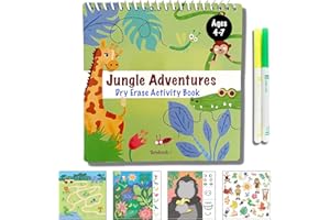 Totebook Dry Erase Kids Activity Book with Crayola Washable Markers, Reusable Stickers- for Airplane or Car Travel, Ages 3, 4, 5, 6, Search & Find, Tracing, Mazes (Jungle)