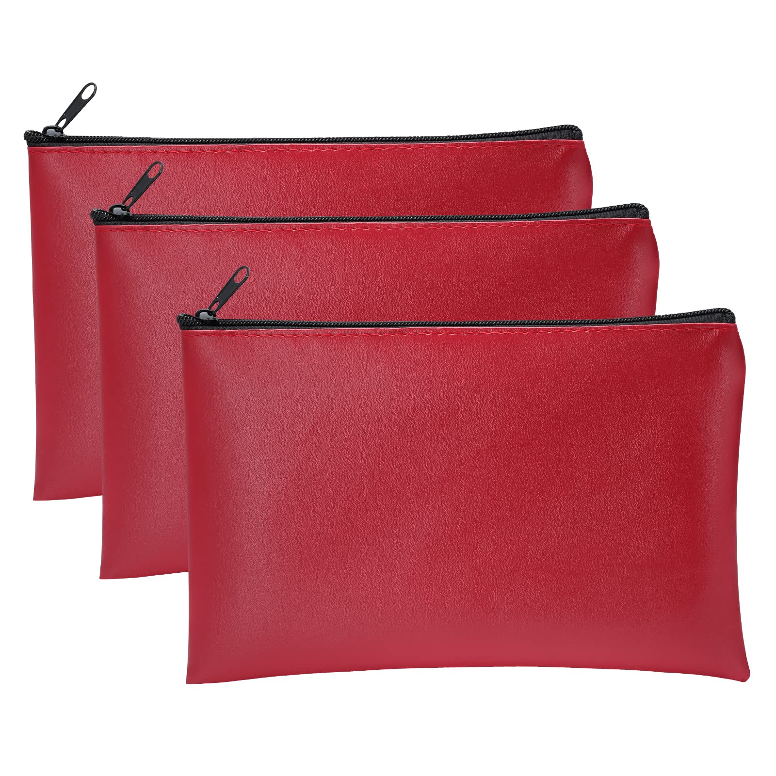 Pack of 3 Faux Leather Bank Bags, 25 x 16 cm, Money Bag for A5 Documents, Money Folder for Business, Household, School (Red)