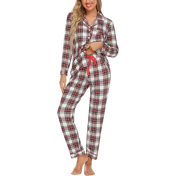 Anjue Women's Plaid Pajama Set - Short Sleeve Top & Pockets Shorts, Soft Bamboo Loungewear (White/L) - View #2
