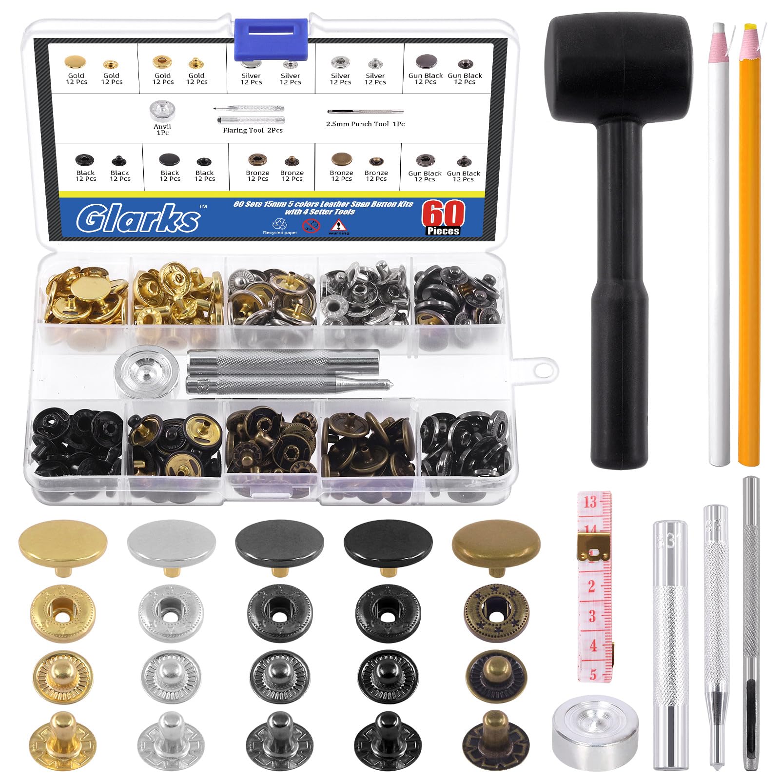 Glarks 60 Sets Leather Snap Fasteners Kit, 15mm 6 Colors Metal Snap Buttons Press Studs with 7Pcs Setting Tools, Hammer, Grease Pencils and Tape Measure for DIY Leather Craft, Clothes, Bags