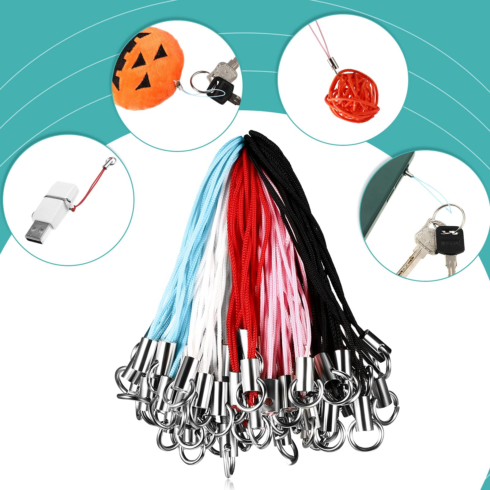Shappy 100 Pieces Cell Phone Split Ring Strap Charm Cords Lanyard Decorations for Phone USB Flash Drive Keyring (Red, Pink, Blue, White, Black)