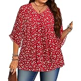 Siddhe Plus Size Tops 3/4 Sleeve V Neck Chiffon Blouses Loose Fit Spring Summer Dressy Boho Casual Tunic for Leggings(XL-5XL)