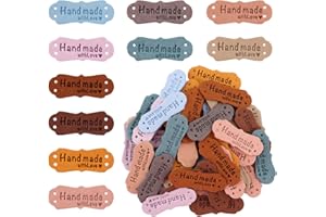 SAVITA 50pcs Handmade Leather Labels, Microfiber Colorful Leather Labels with Love Hearts Handmade Embossed Crochet Tags with Holes for Crafts Knitting Sewing Hats Purses Clothing (10 Colors)