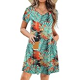 HOTOUCH Womens Summer Floral Beach V Neck Dresses Short Sleeve T Shirt Sundresses with Pockets 2025 Hawaiian Vacation