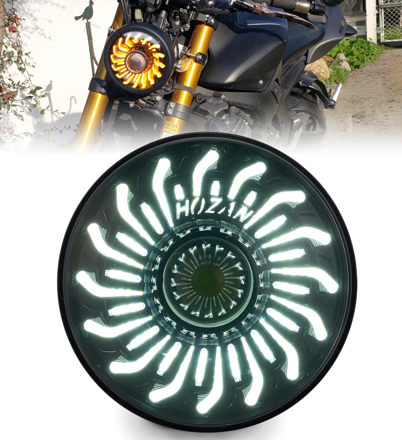Photo 1 of HENGTUAOTO 5-3/4" headlight with White/Amber chrysanthemum petal DRL Compatible with Sportster Iron 883 SuperLow XL883 XL1200,Softail Springer, Dyna Street Bob Low Rider