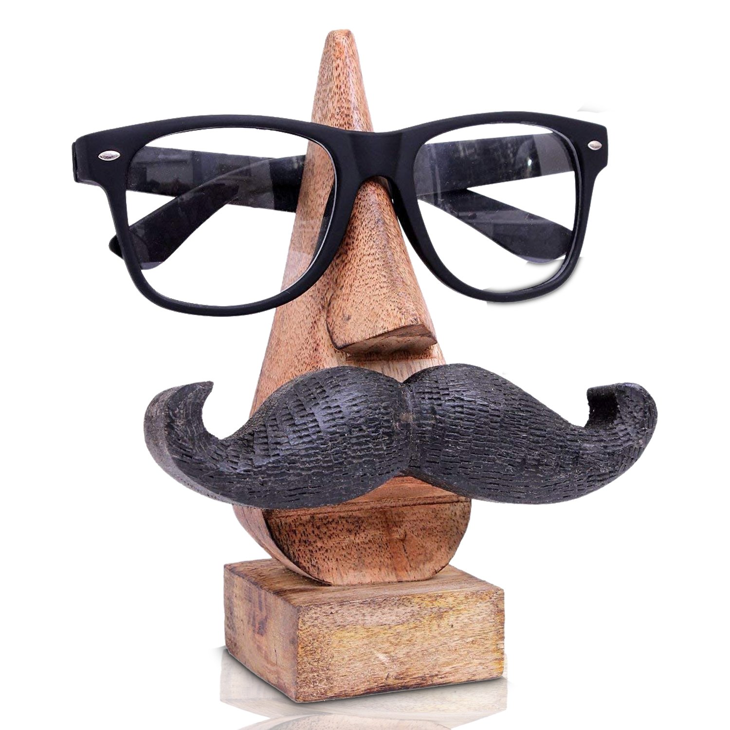 IndiaBigShop Wooden Hand Carved Classic Sheesham Nose-shaped Eyeglass Spectacle Holder with Black Moustache Perfect for Home and Office Decor 6 Inch