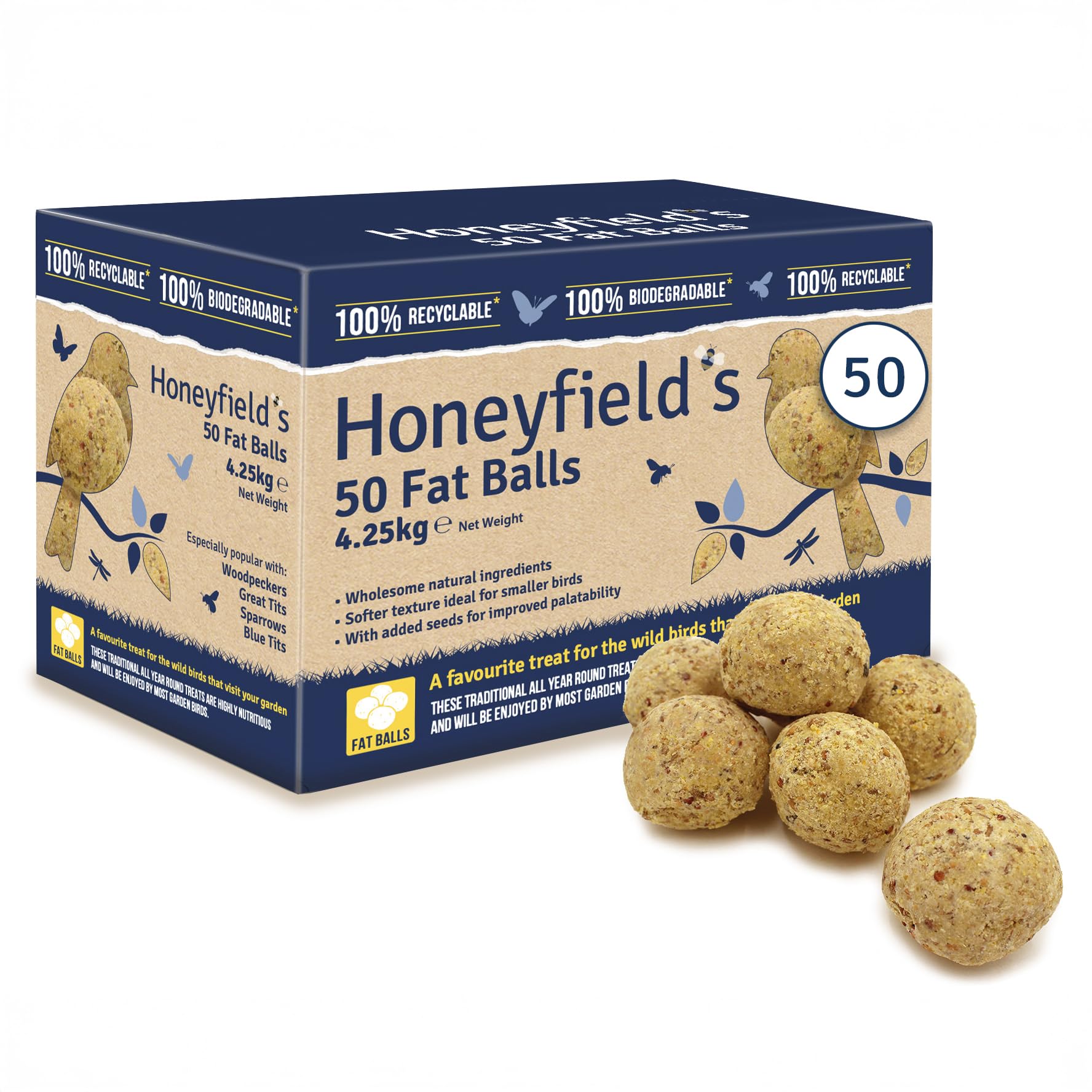 Fat Balls for Wild Birds (50) - High Energy Suet Feed, Nutritious, Great for Hanging Feeders, Attracts Birds to Garden All Year Round - Honeyfield's