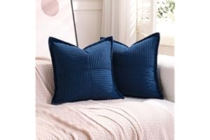 Puncuntex Navy Blue Throw Pillow Covers 18×18 Inches Set of 2 Corduroy Boho Decorative Soft Square Striped Cushion Covers for Couch Sofa Living Room 45×45CM