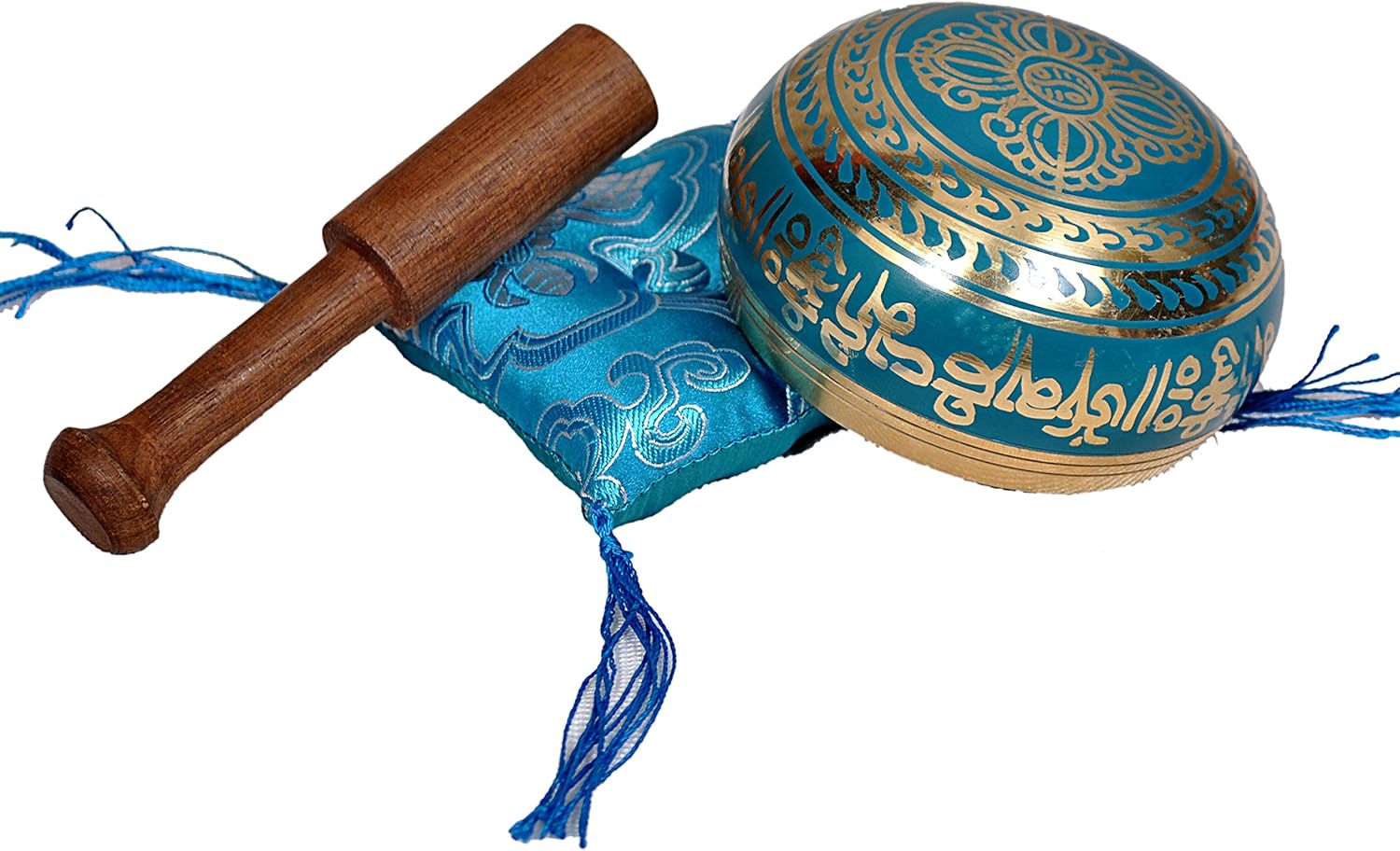 Tibetan Singing Bowl Set By Dharma Store - With Traditional Design Tibetan Buddhist Prayer Flag - Handmade in Nepal (Turquoise) - Image 5