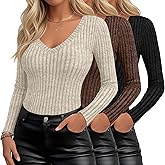 Velvelhall 3 Pack Womens V Neck Sweaters Long Sleeve Ribbed Fitted Shirts Pullover Lightweight Sweater Thermal Fall Layer Top