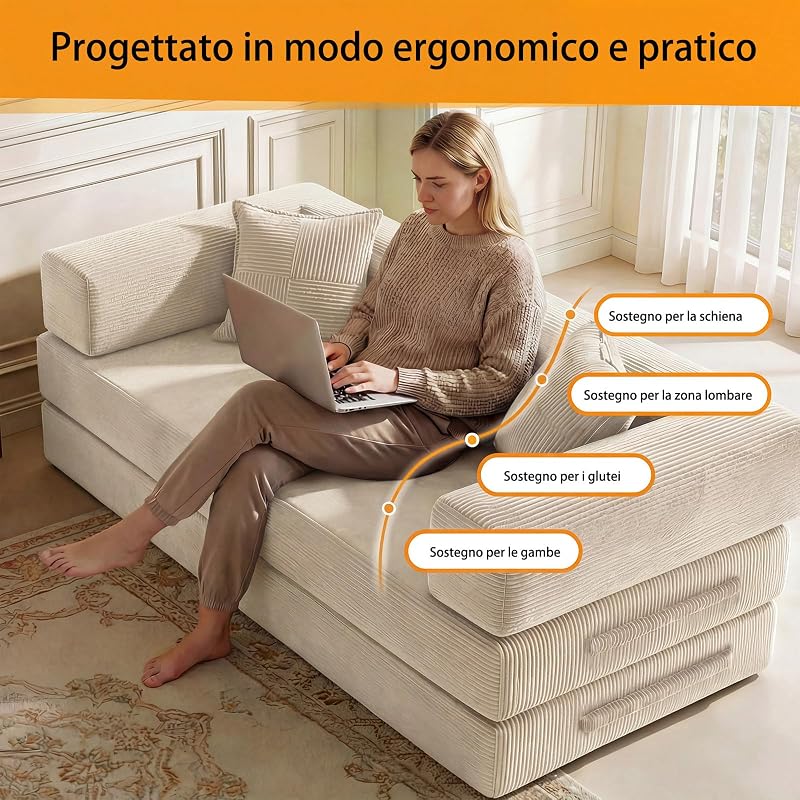 Divano letto disossato, in velluto a coste di alta qualità, 200 cm, divano pieghevole 5 in 1 a 3 posti, con 2 cuscini in schiuma, per soggiorno, bianco