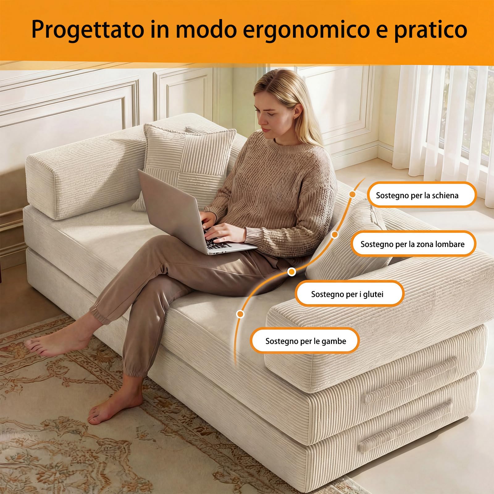 Divano letto disossato, in velluto a coste di alta qualità, 200 cm, divano pieghevole 5 in 1 a 3 posti, con 2 cuscini in schiuma, per soggiorno, bianco