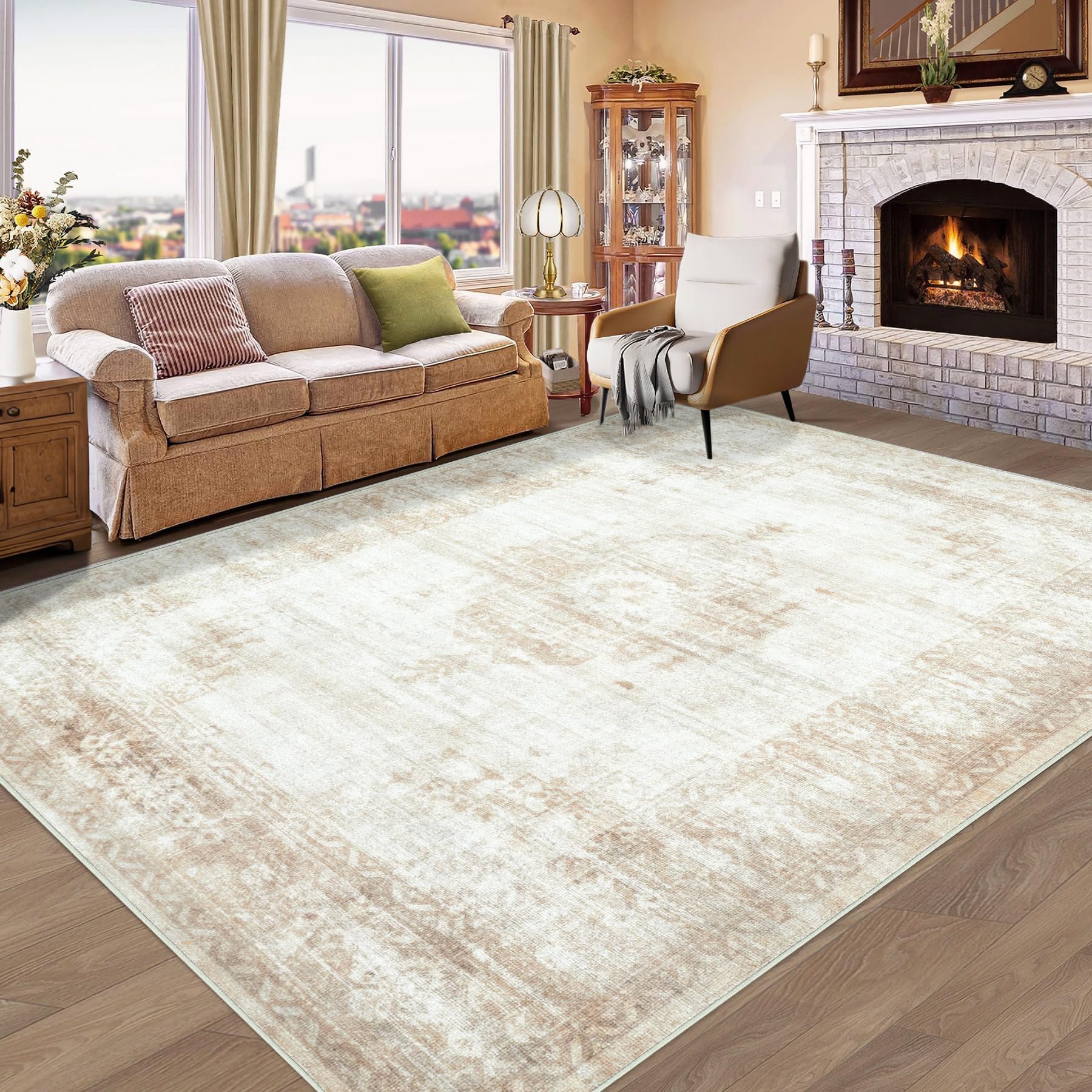 Photo 1 of Vintage Living Room Area Rug - 6x9 Large Machine Washable Boho Moroccan Distressed Farmhouse Rugs for Bedroom - Soft Non-Slip Indoor Floor Accent Rugs for Office Dining Room (Beige, 6' x 9')