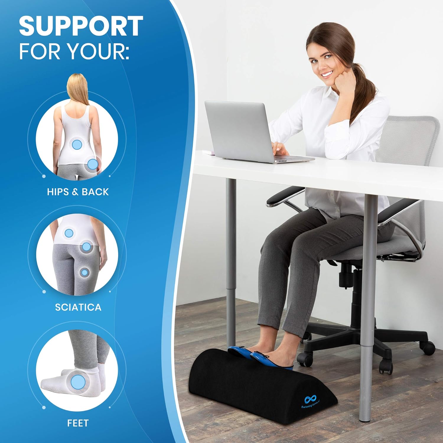 Everlasting Comfort Office Foot Rest Under Desk - Pure Memory Foam - Teardrop Curved Design - Non-Slip Bottom (Black): Home & Kitchen