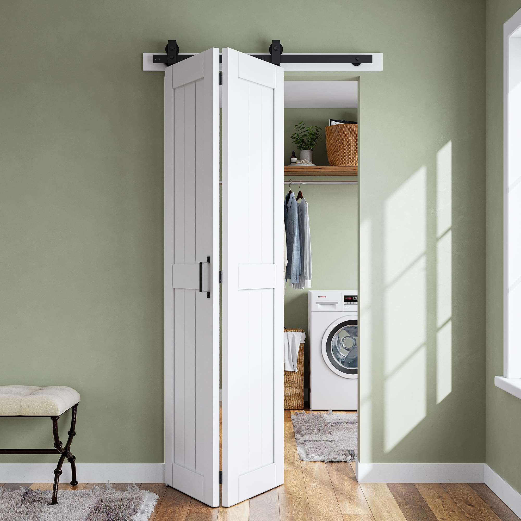 Photo 1 of SMARTSTANDARD Bifold Barn Door 24'' x 84'',Bi-Fold Sliding Closet Doors with Hardware Kit Included,28'' Track Kit for 2 Doors,Waterproof & Quiet,Pre-Drilled Holes Easy Assembly,White