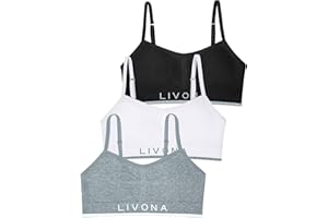 Livona 3 Pack Training Bras for Girls-Sports Bra for Teen Ribbed Wireless Bralette Fitness Padded Crop Cami Tank Top(6-14)