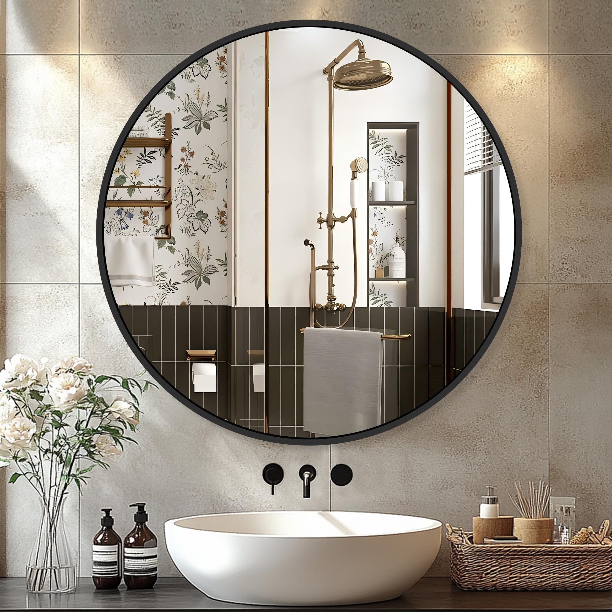 Photo 1 of 22 Inch Black Round Circle Mirror for Wall,Modern Bathroom Mirrors with Simple Metal Frame, Entryway, Bedroom Vanity, Living Room, Hallway Decor (Matte Black, Wall Mounted)