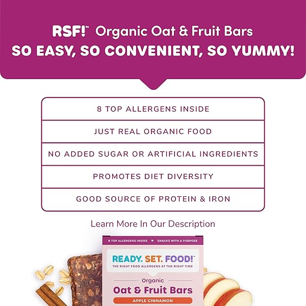READY, SET, FOOD! ORGANIC OAT & FRUIT BARS | APPLE CINNAMON | ORGANIC BABY TODDLER SNACK BAR WITH 8 TOP ALLERGENS: PEANUT, EGG, MILK, CASHEW, ALMOND, WALNUT, SESAME, SOY | NO SUGAR ADDED