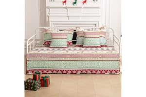 Feyocn 5-Piece Christmas Daybed Cover Set Twin Cozy Xmas Snowflake Reindeer Daybed Bedding Sets New Year Day Bed Comforter Bedspread, Santa Day Bed Cover with 4 Pillow Shams,39"x75"(Red Green White)