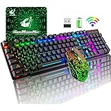 Wireless Gaming Keyboard and Mouse Combo with Rainbow LED Backlit Rechargeable 4000mAh Battery Mechanical Ergonomic Feel Wate