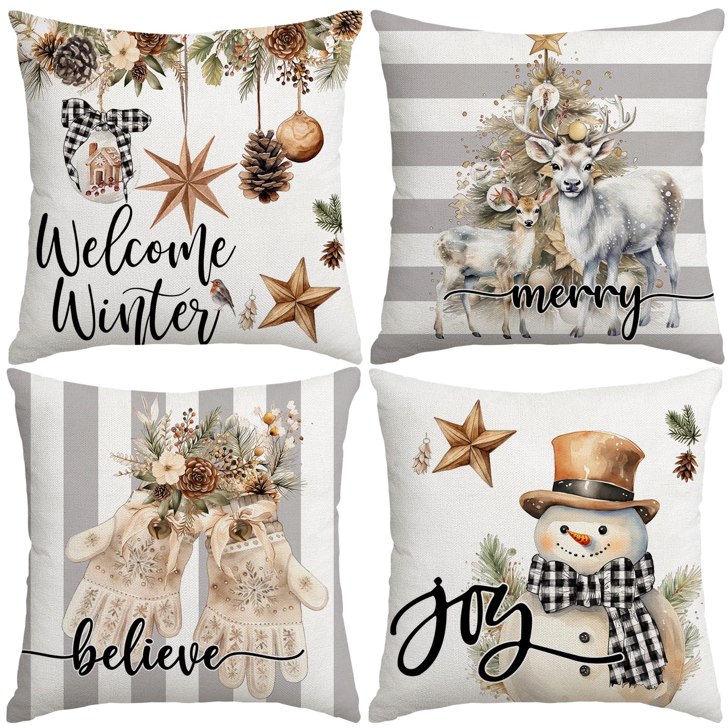Miaikoe Christmas Cushion Covers 40x40 cm Set of 4 Snowman Gloves Welcome Winter Grey White Strip Christmas Throw Pillow Covers Winter Farmhouse Decoration for Home