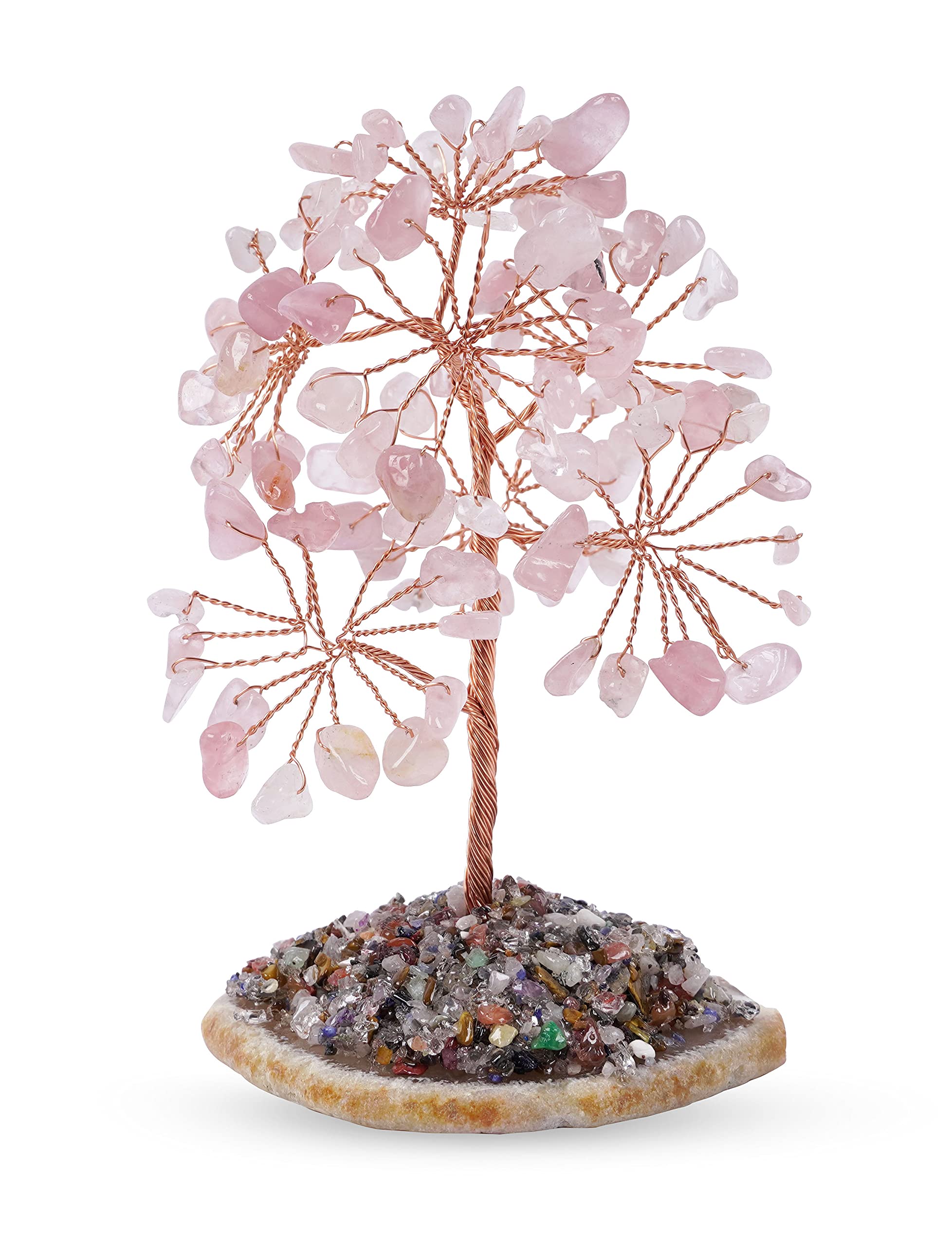 Reikiera Rose Quartz Copper Wire Stone Tree- Bonsai Feng Shui Gemstone Decorative Tree With Agate Stone base