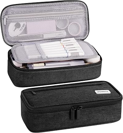 WEMATE Large Pencil Case Canvas 5 Compartments 9x4.3x2.4in Black