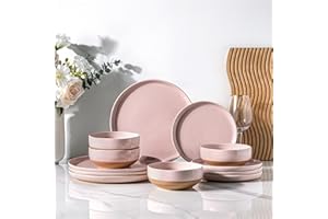 AmorArc Ceramic Dinnerware Sets for 4, 12 Pieces Handpainted Plates and Bowls Set with Rustic Terracotta Underside, Scratch R