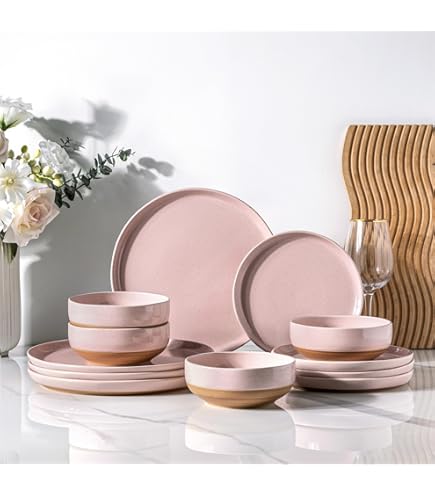 HomeVss Stoneware Dinnerware Set For 4 - Coupe Shape, White Outside + Color Inside, 12-Piece