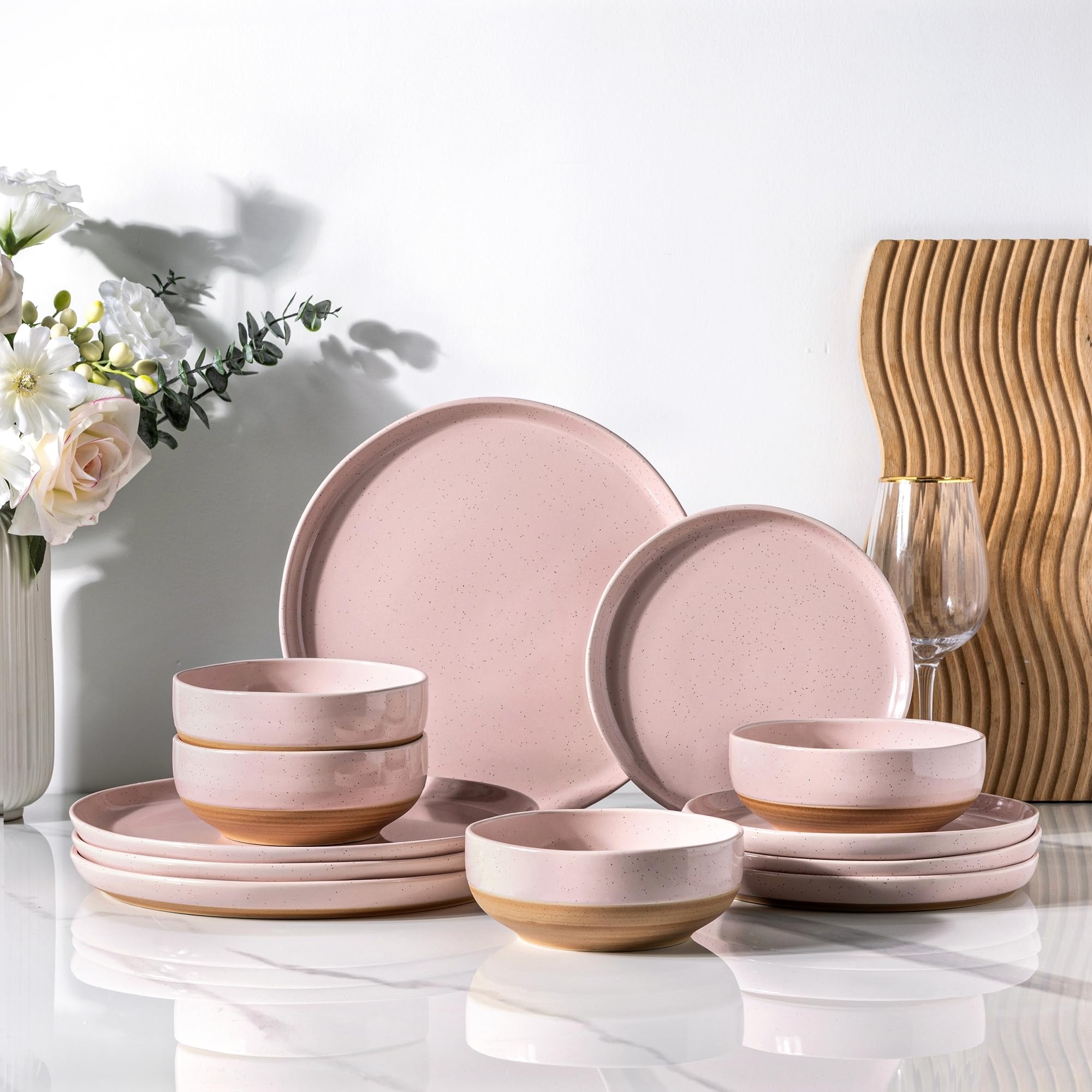 Photo 1 of AmorArc Ceramic Dinnerware Sets for 4, 12 Pieces Handpainted Plates and Bowls Set with Rustic Terracotta Underside, Scratch Resistant Stoneware Dishes Set, Dishwasher & Microwave Safe, Cloud Pink