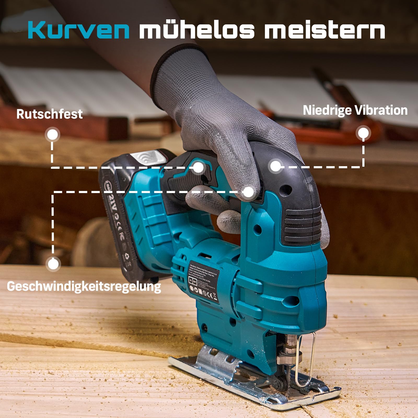 Seesii Stichsäge 21V, Akku Stichsäge mit Akkus und Ladegerät Set, 6-Stufen, Mit LED, 0°-45° Gehrung, 4 Pendelhub-Einstellungen, 20mm Hubhöhe, 2800 SPM, 9 Sägeblättern, mit Tragetasche 5