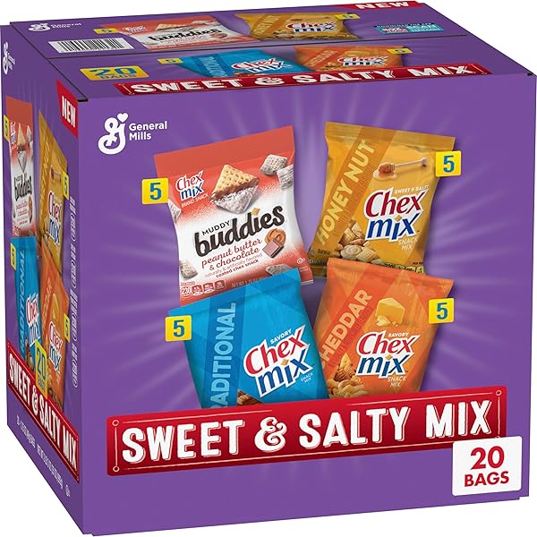 SWEET & SALTY SNACK VARIETY PACK, MUDDY BUDDIES PEANUT BUTTER & CHOCOLATE, CHEX MIX TRADITIONAL, CHEDDAR & HONEY NUT, 35 OZ (20 BAGS)